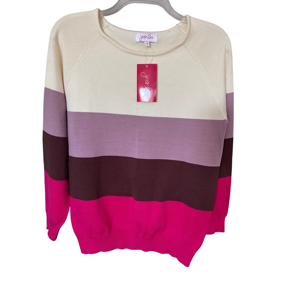 Jess Lea color-block striped cream dusty pink brown fuchsia.sweater NWT size S‎